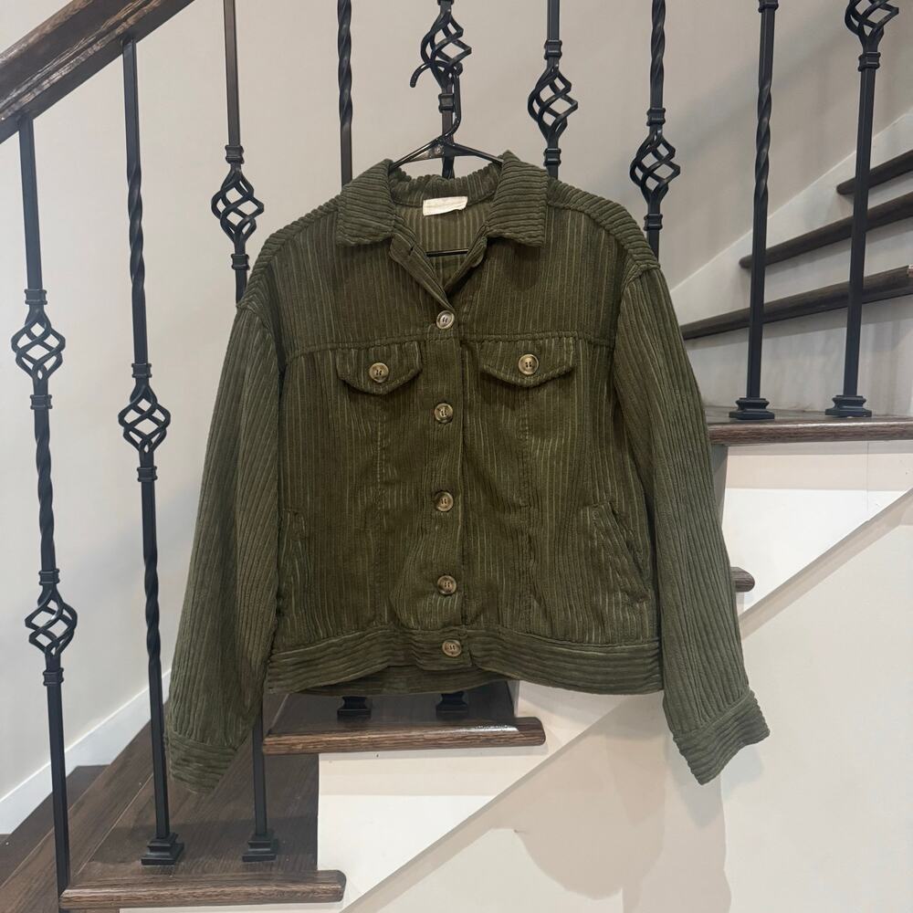 Olive Green Wide Wale Corduroy Trucker Jacket Cropped Utility Y2K